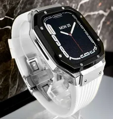 TCプレミアムブラックシルバーホワイトアップルウォッチバンド ラバーベルト ステンレス カバー　Apple Watch ケース 44mm 45mm 4 5 6 7 8 9 se メンズ レディース スポーツ01