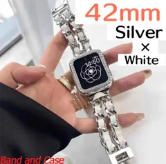 42mm シルバーホワイト　２点セット　アップルウォッチ　カバー　キラキラ　ケース　チェーンベルト　バンド　セット　レザー