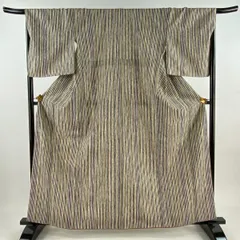 小紋 身丈162.5cm 裄丈68cm L 袷 縦縞 クリーム 化繊 優品 【中古】