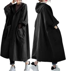 MARIA MARFA マリアマーファ ラグラン 袖 レディース ロング スプリング アウター 無地 着痩せ シルエット 春 秋 薄手 ろんぐ ボアなし 大きい ジャケット かわいい 可愛い ウインドコート 韓国 スポーツ(ブラック,  L)