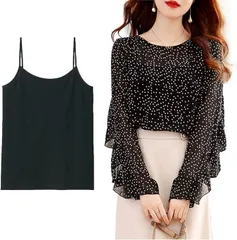 J-Scott インナーキャミ付き ブラウス レディース ドット柄 シフォン シアー フリル 長袖 ラウンドネック おしゃれ すてき 甘辛 モード フリル袖 軽量 おしゃれブラウス 美ライン レディライク きれいめ 女性(ブラック,  L)