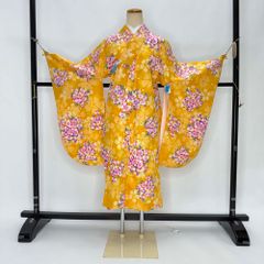 二尺袖 単品 卒業式着物 黄色 裄67cm Lサイズ  袴用着物 化繊 中古 4556