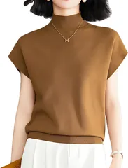 Kanpari フレンチスリーブ Tシャツ レディース ノースリーブ キャミソール サマーニット タンクトップ 半袖 ニットセーター ハイネック トップス インナー カットソー ｔシャツ 袖なし ゆったり(ブラウン,  Free Size)