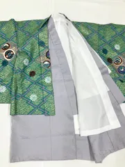 ≪花ラブリ≫　HS684GR新品　七五三　三つ身羽織３点セット　３歳～４（５）歳　三才～五才　緑系　グリーン系　薄紫　ライトパープル　ちらし松葉　松皮菱　七宝　男児　男の子　羽織・長着・長襦袢