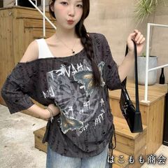 【美品・未使用新品】半袖です☆アメリカンレトロスウィートクールスパイスガールバタフライルーズミドル丈半袖Tシャツオフショルダートップスレディース