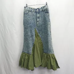 ◇ Θ me+em select　ミームセレクト コットン100%　デニム生地 マキシ フレアー スカート サイズF カーキ　ネイビー系 レディース E  【1410290061244】