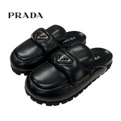 PRADA ブラック レザー　サンダル　プラダ　7.5 Amazon | PRADA(プラダ) レザーサンダル 三角ロゴ フラット