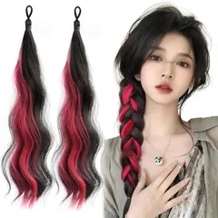 新品 Chisafly エクステ 子供 ヘアエクステ ポニーテールウィッグ ２本 メッシュ ロング カール 巻き髪 耐熱 ゴム付き レディース 三つ編み お団子 ダンス（レッド）