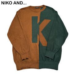 NIKO AND... ニコアンド ビッグロゴ 2トーン バイカラー クルーネック ブラウン グリーン メンズ レディース ニット Lサイズ