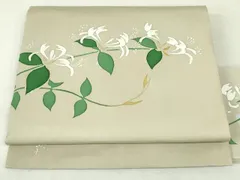 平和屋着物●塩瀬　九寸名古屋帯　作家物　型染め　草花文　白橡色　正絹　逸品　DAAU6635ob