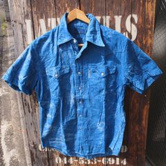 【BLUE BLUE】ブルーブルー  ハリウッドランチマーケット ハリラン インディゴブルー ムラ染め 半袖 ウエスタンシャツ 1 (M)