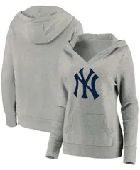 【送料無料】 ファナティクス レディース パーカー・スウェット フーディー アウター Plus Size Heathered Gray New York Yankees Official Logo Crossover V-Neck Pullover Hoodi