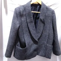 ⑤【レトロ・訳あり】日本製 sun janny ジャケット ウール チェック グレー 羽織 スーツ トップス １１号 古着 昭和 レトロ グレー 灰色 長袖 変形 秋物 冬物 春物 オールシーズン 婦人服 ビンテージ アンティーク