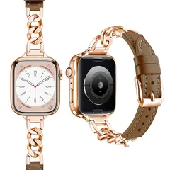 【新品】 [SIBOYL] 人気細い対応アップルウォッチ バンド41mm 40mm 38mm 42mm(Series 11 10)、カウボーイチェーンステンレスレザーあっふウォッチバンド 、調整ツール不要、トレンドとクラシックの創造的な組み合わせ、互換性い 0