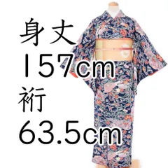 縮緬　紺地に紅型風の染め　花流水