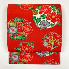 リユース帯 京袋帯 赤 カジュアル 染め 花の丸 四季の草花 全通 未洗い MS1412