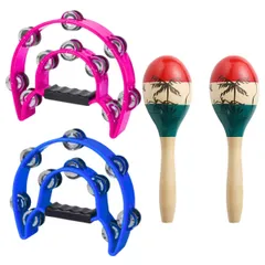 SALUDABLE タンバリン マラカス 楽器 カラオケ パーカッション シェイカー 各2個セット (ピンク＆ブルー) [ピンク＆ブルー]のサムネイル