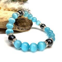 キャッツアイ(ライトブルー)×ヘマタイト パワーストーン ブレスレット  (シルバー) メンズ・レディース　男性・女性　数珠ブレス 開運 [23]