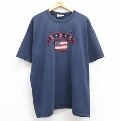 XL/古着 半袖 ビンテージ Tシャツ メンズ 90s USAロゴ 星条旗 刺繍 大きいサイズ コットン クルーネック 紺 ネイビー 24feb10 中古