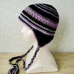 耳あて付きニット帽　手編み　バラクラバ　フライトキャップ　ビーニー　クロシェハット　クラッシャーハット　イヤーフラップ