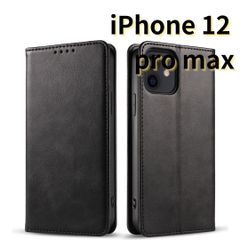 【SHOPSA】 iPhone12pro max レザー風 スマホケース 手帳型 耐衝撃 マグネット式 カードケース 黒 E016