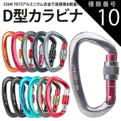 種類10:[10]ブルー カラビナ 25kN D型 安全環 スクリューロック 7075  軽量 アルミニウム合金 キャンプ  アウトドア 登山 クライミング