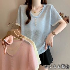【美品・未使用新品】半袖です☆女性の夏の衝突の色の偽のツーピースTシャツトップ