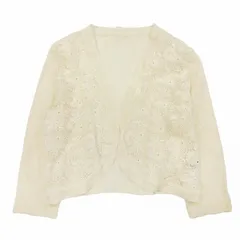 美品 アドルミエ Adlumie レース 切替 カーディガン 長袖 ボタンレス 花柄 コットン混 ハイゲージ ニット ボレロ 羽織 カットソー アイボリー レディース