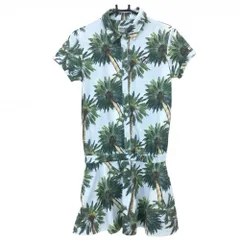 【超美品】ジャックバニー 半袖ポロワンピース ライトブルー×グリーン ヤシの木柄 ロゴ刺しゅう レディース 0(S) ゴルフウェア Jack Bunny