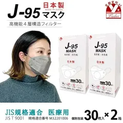 【まとめ買い2個組】サージカルマスク 不織布 3d 立体 日本製 j95 正規品 JIS規格適合 30枚入×２箱(60枚)「ライトグレー」