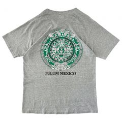 M 90s~00s メキシコ製 ヴィンテージ Tシャツ アステカカレンダー メシカ暦 太陽の石 マヤ暦 ネイティブ柄 ポリコットン 霜降り グレー グリーン