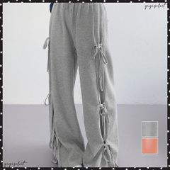 スウェットパンツサイドリボンワイドパンツ レディース ウエストゴム ストレートパンツ カジュアル ゆったり ロングパンツ 着やせボトムス 着回し長ズボン人気 無地 無地パンツ 細見え リラックスパンツ黒 体型カバーボトムス