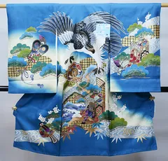 お宮参り 産着 のしめ 男児 男の子 正絹 綸子地 青系 鷹 着物 祝着 初着 一つ身 竜王 NO39648
