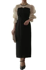 [MORE AUNI] パーティー ドレス シフォン ポエット スリーブ ロング ワンピース ドレス お呼ばれ 結婚式 2次会 春 夏 服 秋 冬 大人 オトナ キレイメ カワイイ 可愛い シフォン  [オフホワイト ｘ ブラック / 300068] [2L]