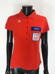 【USED】le coq sportif ルコック 綿 半袖 ポロシャツ ロゴ刺繍 ワッペン レッド 赤 レディース L ゴルフウェア