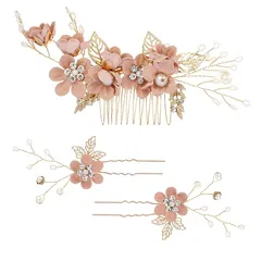 髪飾り ヘアアクセサリー ヘッドドレス 花 パール ヘアピン 和装髪飾り 3点セット フラワー コーム Uピン ヘアピン ウェディング 成人式 七五三 パーティー 披露宴 卒業式 入学式 和装 ヘアアクセサリー PureSino (A-PINK)