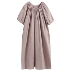 ルームウェア ワンピース 綿100％ 半袖 ダブルガーゼ 通気性 吸収性 肌にやさしい 敏感肌 ロング丈 ひざ下 ゆったり ポケット付き 袖口ゴム 紫 緑 rr-050