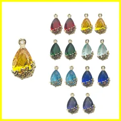 【人気商品】チャーム 花座ライン パーツ カン付き ガラス しずく 雫 7色14セット ピアス イヤリング 金属ネックレス ブルー ガラスストーン 緑 赤 アクセサリー 台座ゴールド [CRSHIP] ハンドメイド マスクチェーン メガネチェーン ストラップ