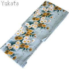 浴衣 レディース スモークブルー（くすみカラー） 花柄 綿 夏物 ゆかた フリーサイズ 花 お仕立て上がり プレタ浴衣 ゆかた フリー 女性用 仕立て上がり 20-5