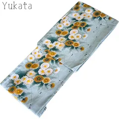 浴衣 レディース スモークブルー（くすみカラー） 花柄 綿 夏物 ゆかた フリーサイズ 花 お仕立て上がり プレタ浴衣 ゆかた フリー 女性用 仕立て上がり 20-5