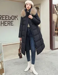 レディース ファー付き ダウン ロング コート ブラック 555