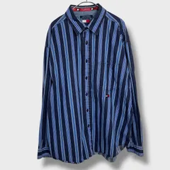 ☆トミージーンズ☆トミーヒルフィガー☆ストライプ柄長袖シャツ☆マルチストライプ☆ネイビー系☆XL☆E25M