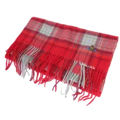 未使用 Vivienne Westwood ヴィヴィアンウエストウッド タータンチェック柄 オーブ刺繡 カシミヤ フリンジマフラー レッド レディース 古着 中古 USED