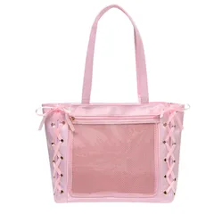 [ハルジオ] 痛バッグ 痛バ A4 痛バック サテン レースアップ トート トートバッグ 推し活バッグ いたバック 推し活 オタ活 推し バッグ バック 可愛い 大容量 人気 いたばっぐ いたばっく いたば リボン黒 白 青 紫 水色 シルバー ピ [ピンク]