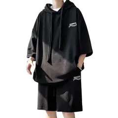 L_T20#ブラック [FJLTDCP] ジャージ 夏服メンズ 上下セット 半袖 上下2点セット 大きいサイズ パンツ セットアップ メンズ 夏 無地 スウェット メンズ 上下セット カジュアル おしゃれ 快適人気 男女兼用 -black-L