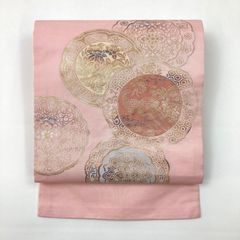 リユース帯 名古屋帯 ピンク カジュアル 切箔 色糸 鏡裏文 花鳥 オリエンタル 未洗い MS1420