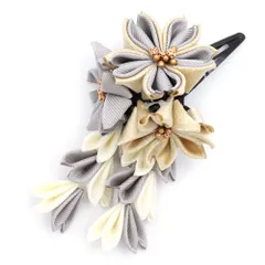 七五三 髪飾り 三歳 七歳 日本髪 花 ちりめん ブルーグレー 灰色 青 白 ゴールド つまみ細工 藤下がり 小さい ピン ぱっちんピ No.9-5228