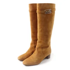 美品★HERMES エルメス ヴェルサイユ カレーシュ金具付 スクエアトゥ スウェードレザー ロングブーツ ライトブラウン 36 袋付 レディース 美品☆HERMES エルメス ヴェルサイユ カレーシュ金具付 スクエアトゥ