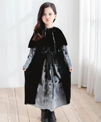 ハロウィン 子供服 コスプレ 衣装 キッズ 女の子 黒系 ハロウィーン コスチューム ゴシック ロングワンピース 髑髏 スカル 魔女 悪魔 吸血鬼 ヴァンパイア 仮装 変装 長袖ワンピース マント リボン Halloween 学園祭 イベント 舞台