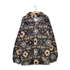 90s ホットチリーズ USA製 ヴィンテージフリース ハーフジップ 総柄 黒茶 ロング丈 HOT CHILLYS メンズL 古着 @DZ0656